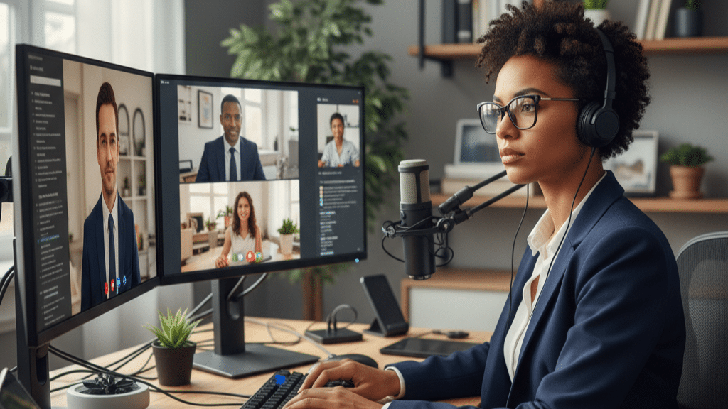 Vue d'une assistante administrative qui travaille en visio-conférence sur deux grands écrans